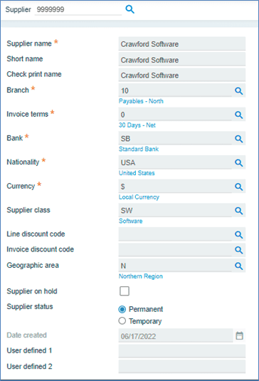 Supplier Account - SYSPRO Supplier Creation
